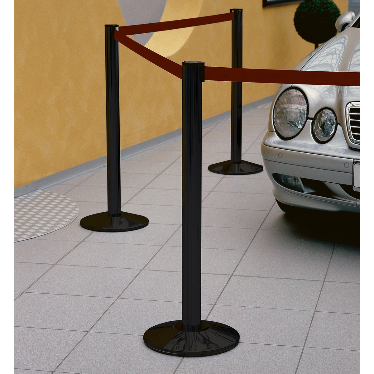 Belt for pedestrian guidance system: Wine red, 3.5 m / Barrier post: Black