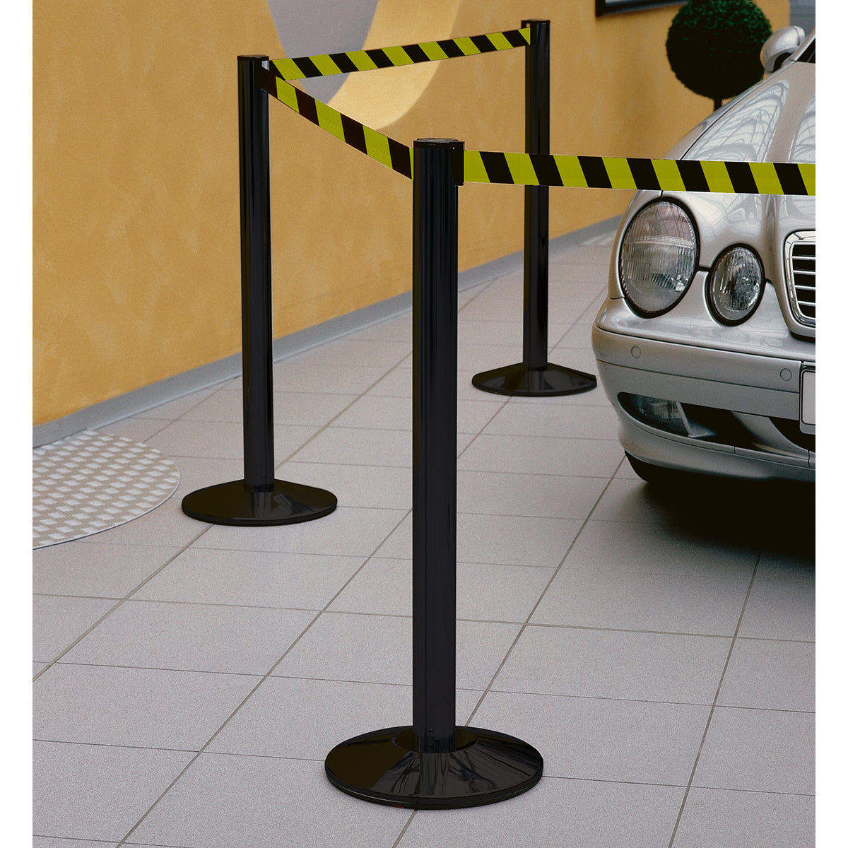 Belt for pedestrian guidance system: Yellow, 2 m / Barrier post: Black
