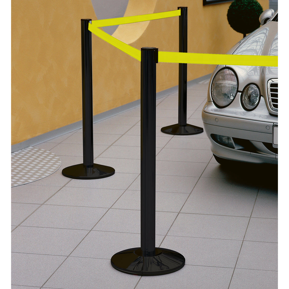Belt for pedestrian guidance system: Fluorescent yellow, 3.5 m / Barrier post: Black