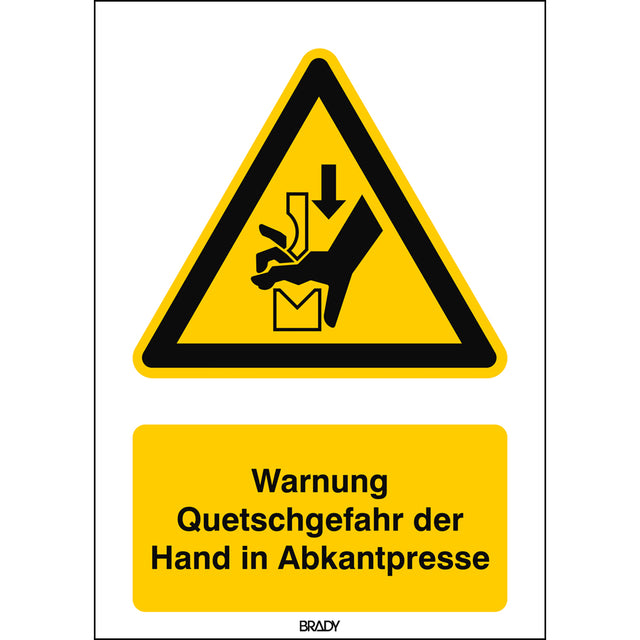 ISO Sicherheitskennzeichnung - Warnung vor Quetschgefahr der Hand zwischen den Werkzeugen einer Presse
