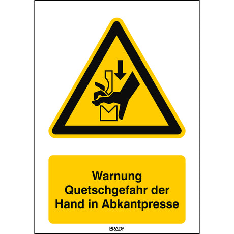 ISO Sicherheitskennzeichnung - Warnung vor Quetschgefahr der Hand zwischen den Werkzeugen einer Presse