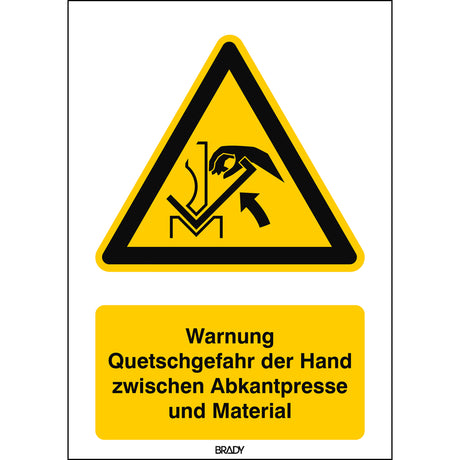 ISO Sicherheitskennzeichnung - Warnung vor Quetschgefahr der Hand zwischen Presse und Werkstück