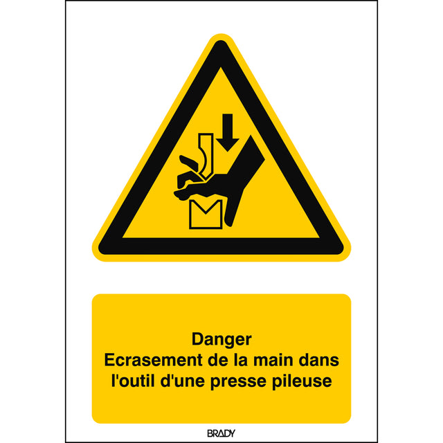 ISO Sicherheitskennzeichnung - Warnung vor Quetschgefahr der Hand zwischen den Werkzeugen einer Presse