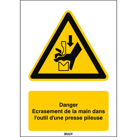 ISO Sicherheitskennzeichnung - Warnung vor Quetschgefahr der Hand zwischen den Werkzeugen einer Presse