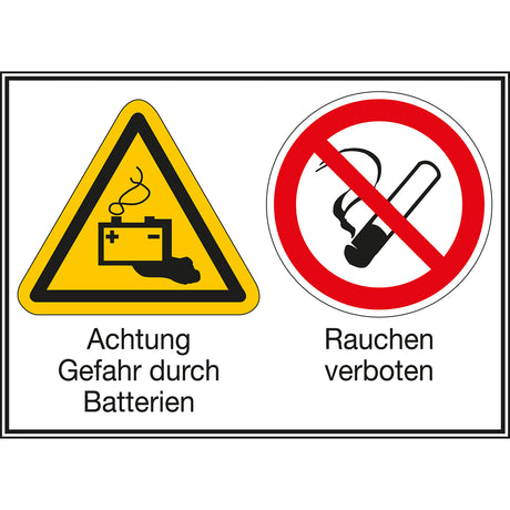 Mehrsymbol-Schilder - Achtung Gefahr durch Batterien / Rauchen verboten