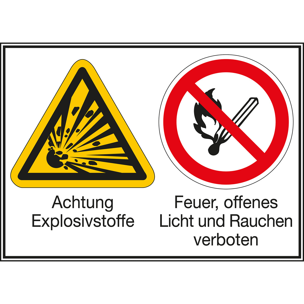 Mehrsymbol-Schilder - Achtung Explosivstoffe / Feuer, offenes Licht and Rauchen verboten