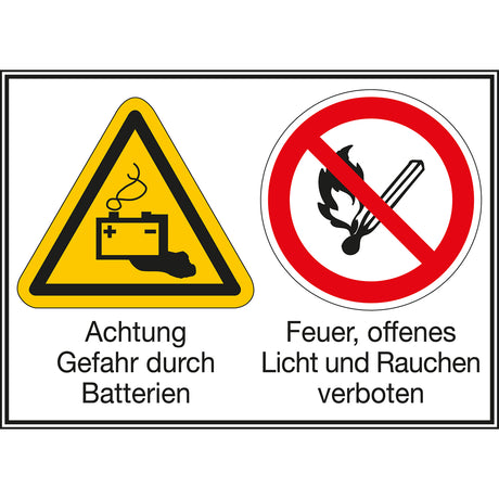 Mehrsymbol-Schilder - Achtung Gefahr durch Batterien / Feuer, offenes Licht and Rauchen verboten