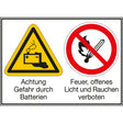 Mehrsymbol-Schilder - Achtung Gefahr durch Batterien / Feuer, offenes Licht and Rauchen verboten